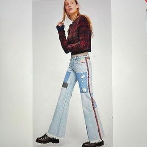 Free People Plaid Mixed Slim Flare Jeans